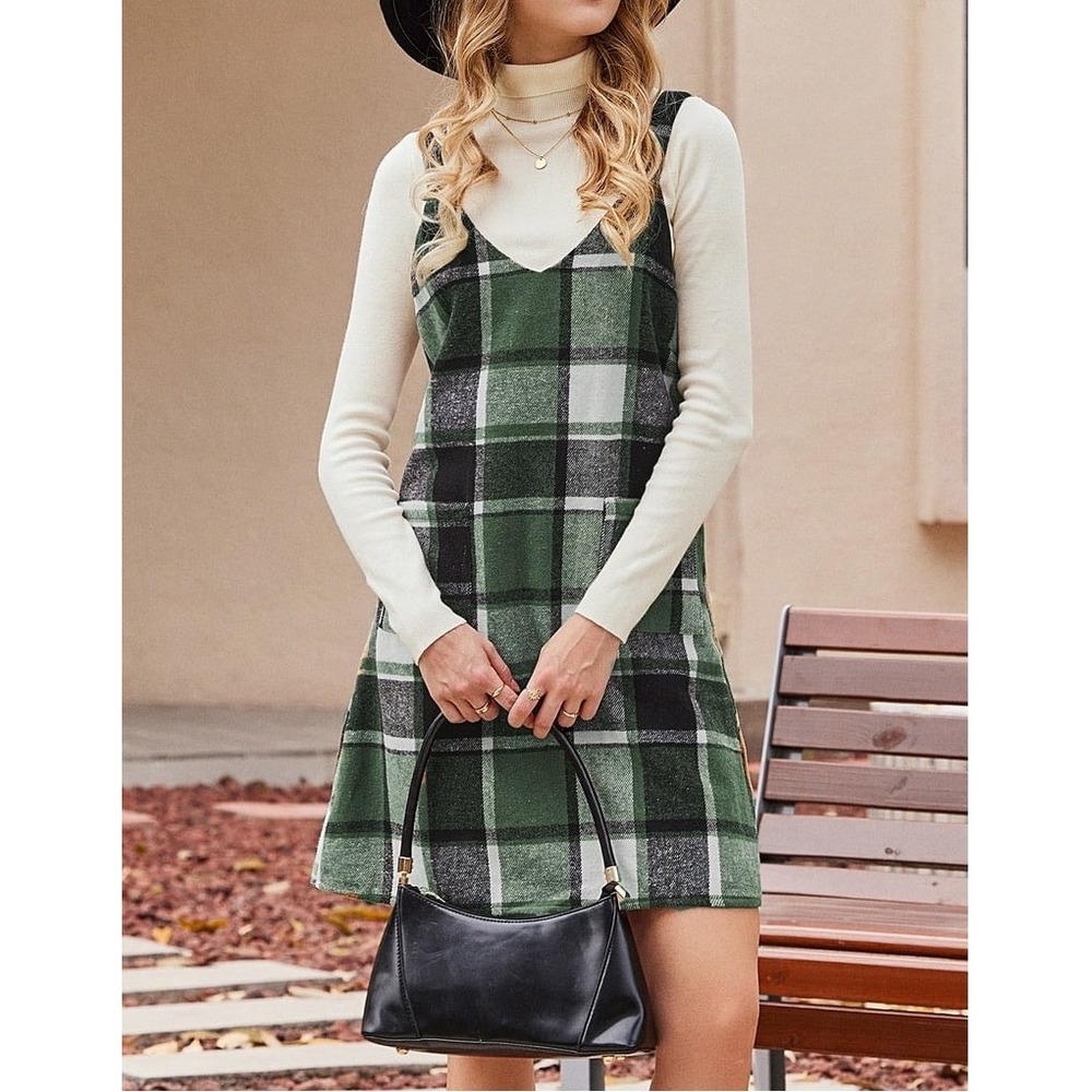 Cupshe Pinafore Dress‎ Plaid Green Womens  Sz.M V-Neck Sleeveless Pockets